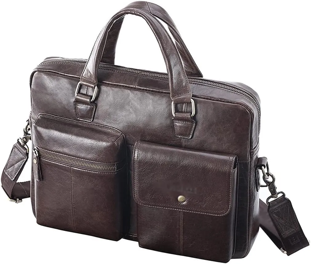 Men Genuine Leather Briefcase 14 Inch Laptop Convertible Messenger Bags Handbag Multifunctional Business Shoulder Bag (Color : Brown, Size : 14 inch)
