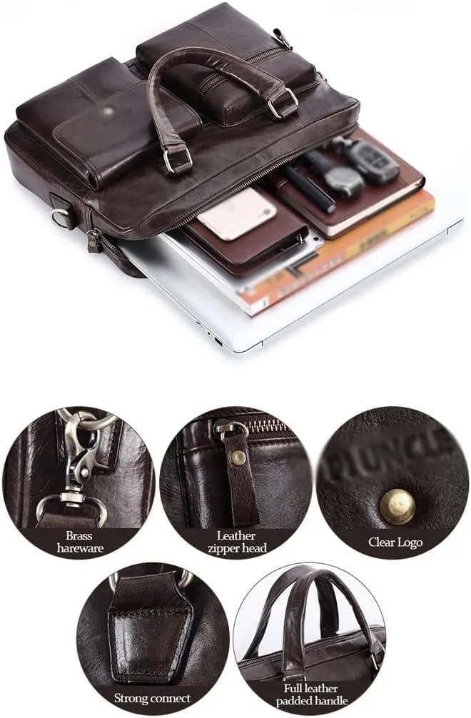 Men Genuine Leather Briefcase 14 Inch Laptop Convertible Messenger Bags Handbag Multifunctional Business Shoulder Bag (Color : Brown, Size : 14 inch)