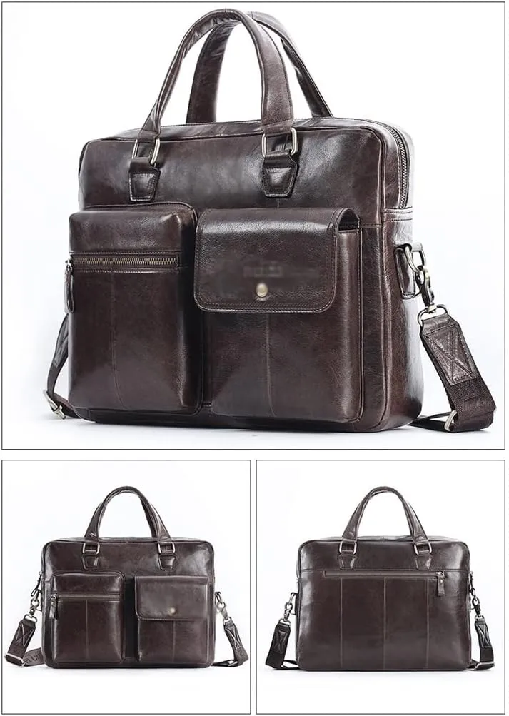 Men Genuine Leather Briefcase 14 Inch Laptop Convertible Messenger Bags Handbag Multifunctional Business Shoulder Bag (Color : Brown, Size : 14 inch)