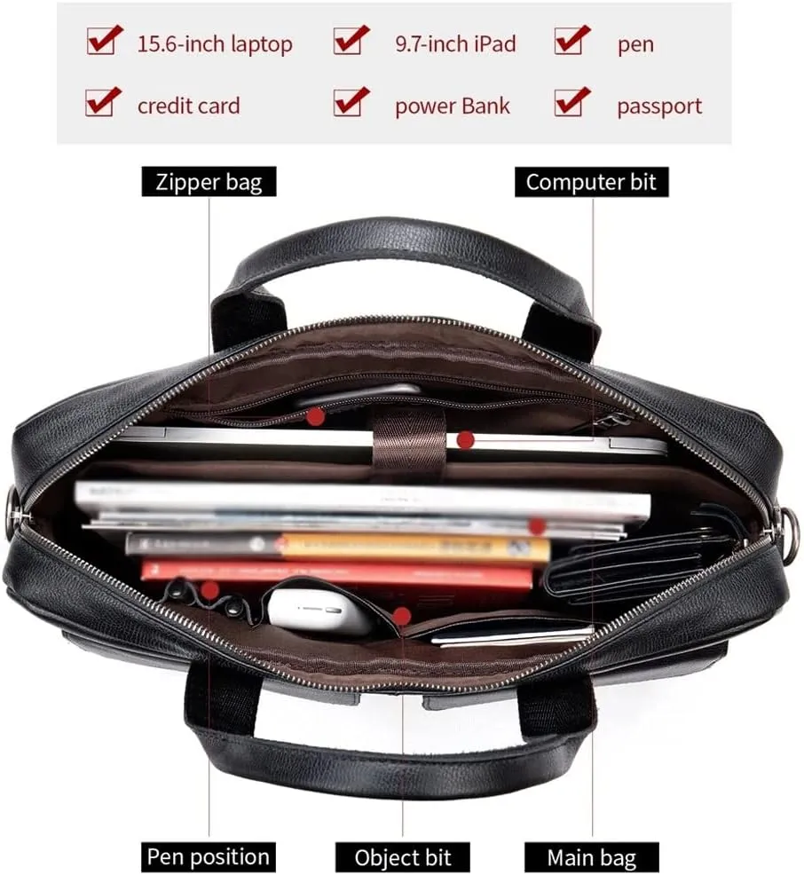 Men Genuine Leather Briefcase Convertible 15.6 Inch Laptop Messenger Bags Handbag Multifunctional Business Work Shoulder Bag (Color : Black, Size : 15.6 inch)