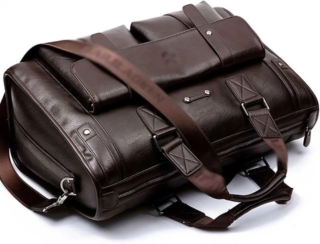 Men PU Leather Briefcase 14 Inch Laptop Messenger Bags Handbag Multifunction Large Capacity Business Work Youth Shoulder Bag (Color : Dark Brown, Size : 15.4x11.8x3.5 inch)
