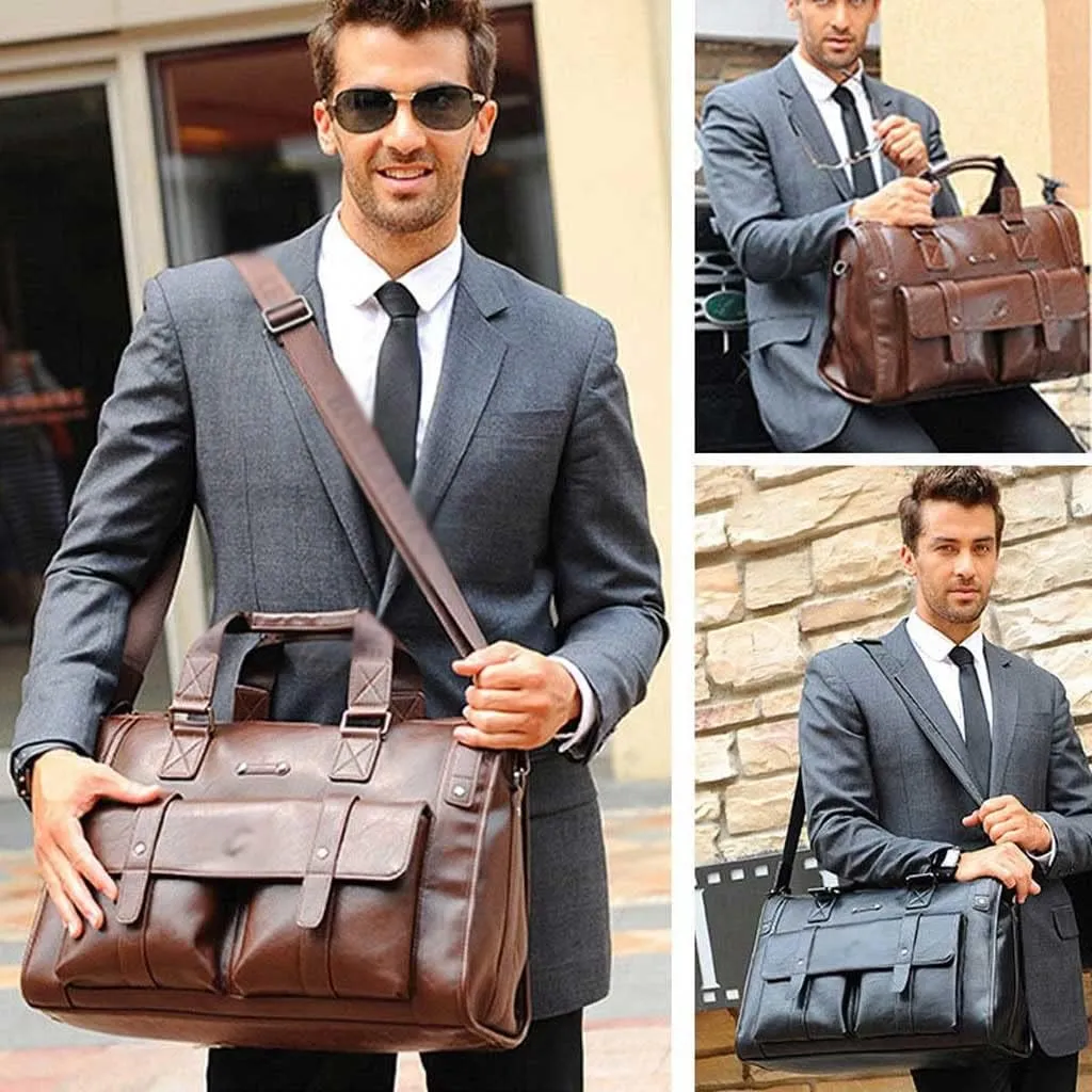 Men PU Leather Briefcase 14 Inch Laptop Messenger Bags Handbag Multifunction Large Capacity Business Work Youth Shoulder Bag (Color : Dark Brown, Size : 15.4x11.8x3.5 inch)