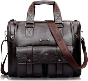 Men PU Leather Briefcase 14 Inch Laptop Messenger Bags Handbag Multifunction Large Capacity Business Work Youth Shoulder Bag (Color : Dark Brown, Size : 15.4x11.8x3.5 inch)