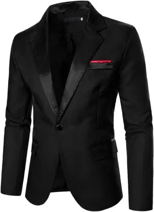 Men Suit Coat Contrast Satin Collar One Button Fit Blazer Relaxed Long Sleeve Formal Jacket