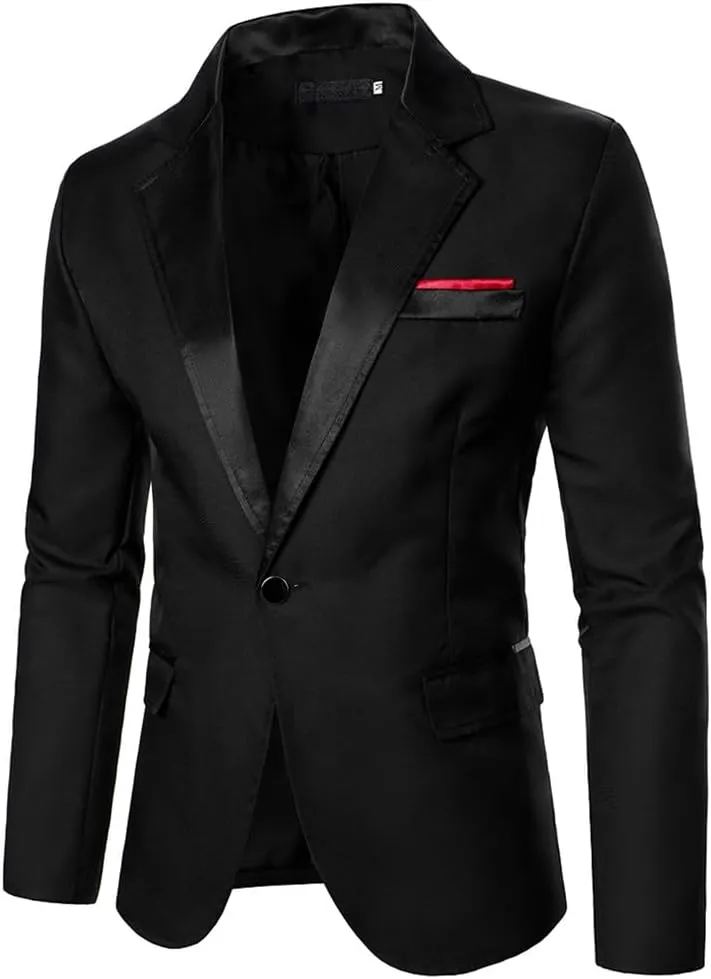 Men Suit Coat Contrast Satin Collar One Button Fit Blazer Relaxed Long Sleeve Formal Jacket