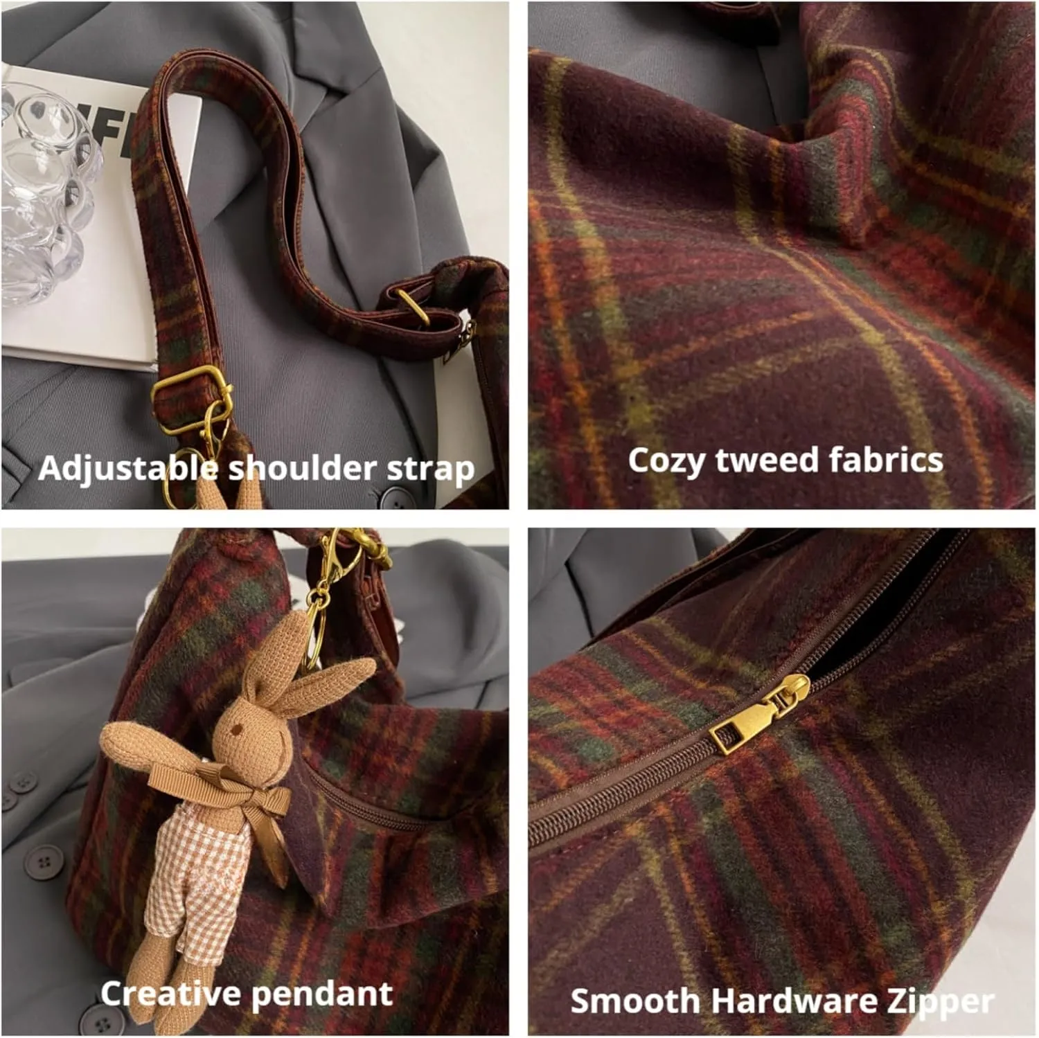 Messenger Bag Crossbody Plaid Tweed Purse Hobo Bags for Women Vintage Shoulder Bag Tote Bag with Zipper