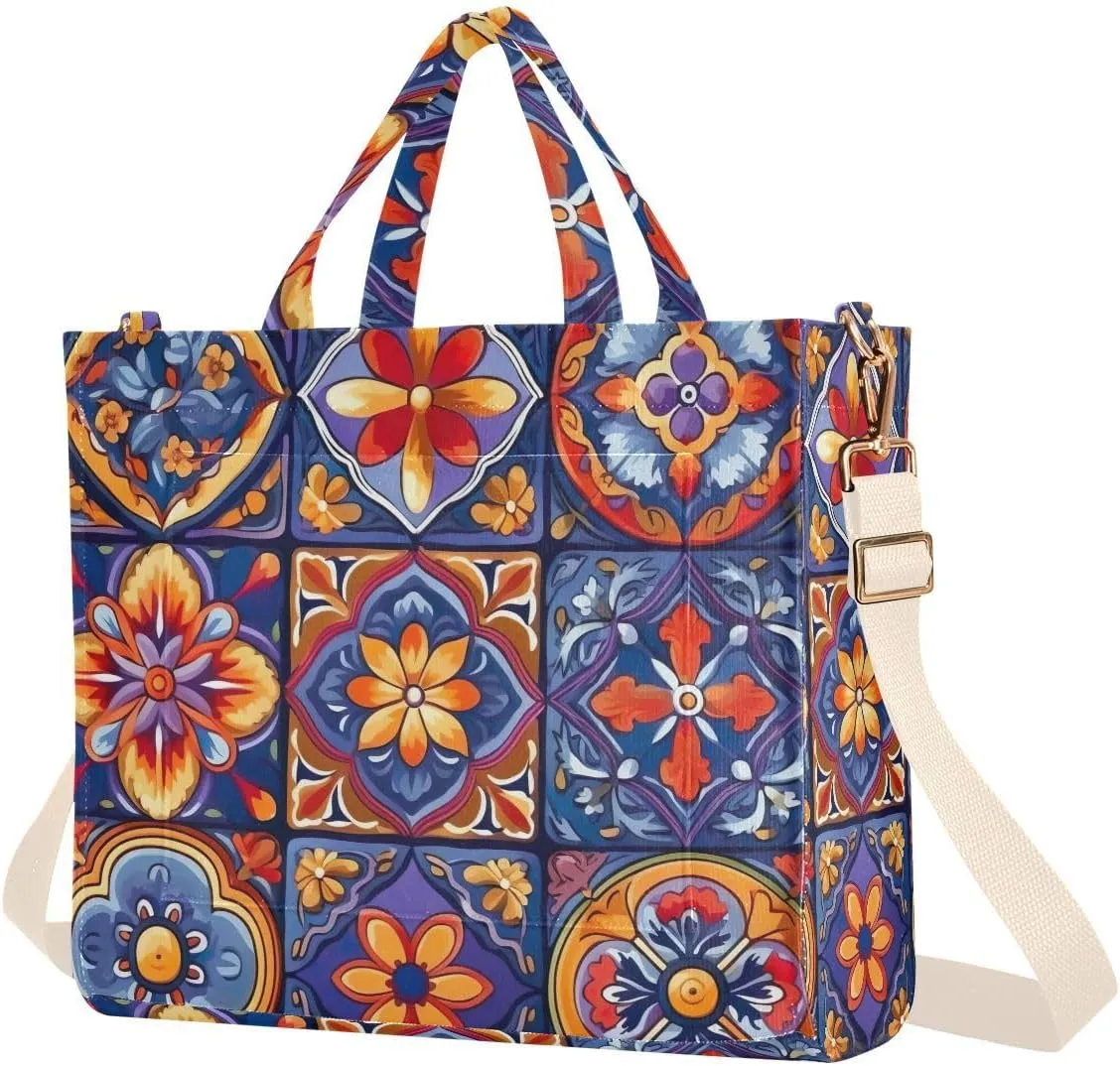 Mexican Ceramic Tile Corduroy Tote Bag for Women Hobo Crossbody Bag Purse Stylish Shoulder Handbag Messenger Bags, S