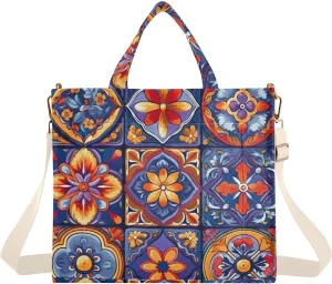 Mexican Ceramic Tile Corduroy Tote Bag for Women Hobo Crossbody Bag Purse Stylish Shoulder Handbag Messenger Bags, S