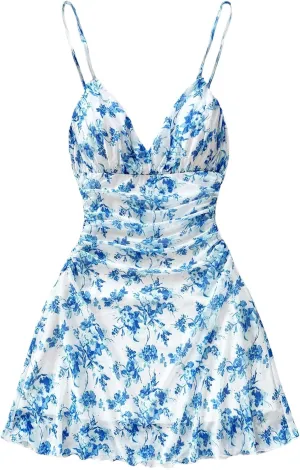 Milumia Women's Boho Floral Ruched V Neck Cami Mini Dress Lettuce Trim Spaghetti Strap Short Dress