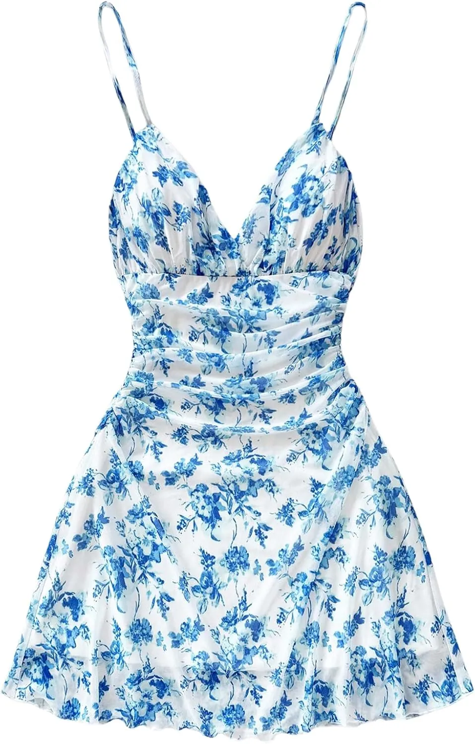 Milumia Women's Boho Floral Ruched V Neck Cami Mini Dress Lettuce Trim Spaghetti Strap Short Dress