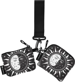 Mini Zip Around Wristlet keychain Wallet Black White Sun Face for Women Personalized Pattern Detachable Dual Pouch Wristlet Portable Wallet Phone Coin Purse
