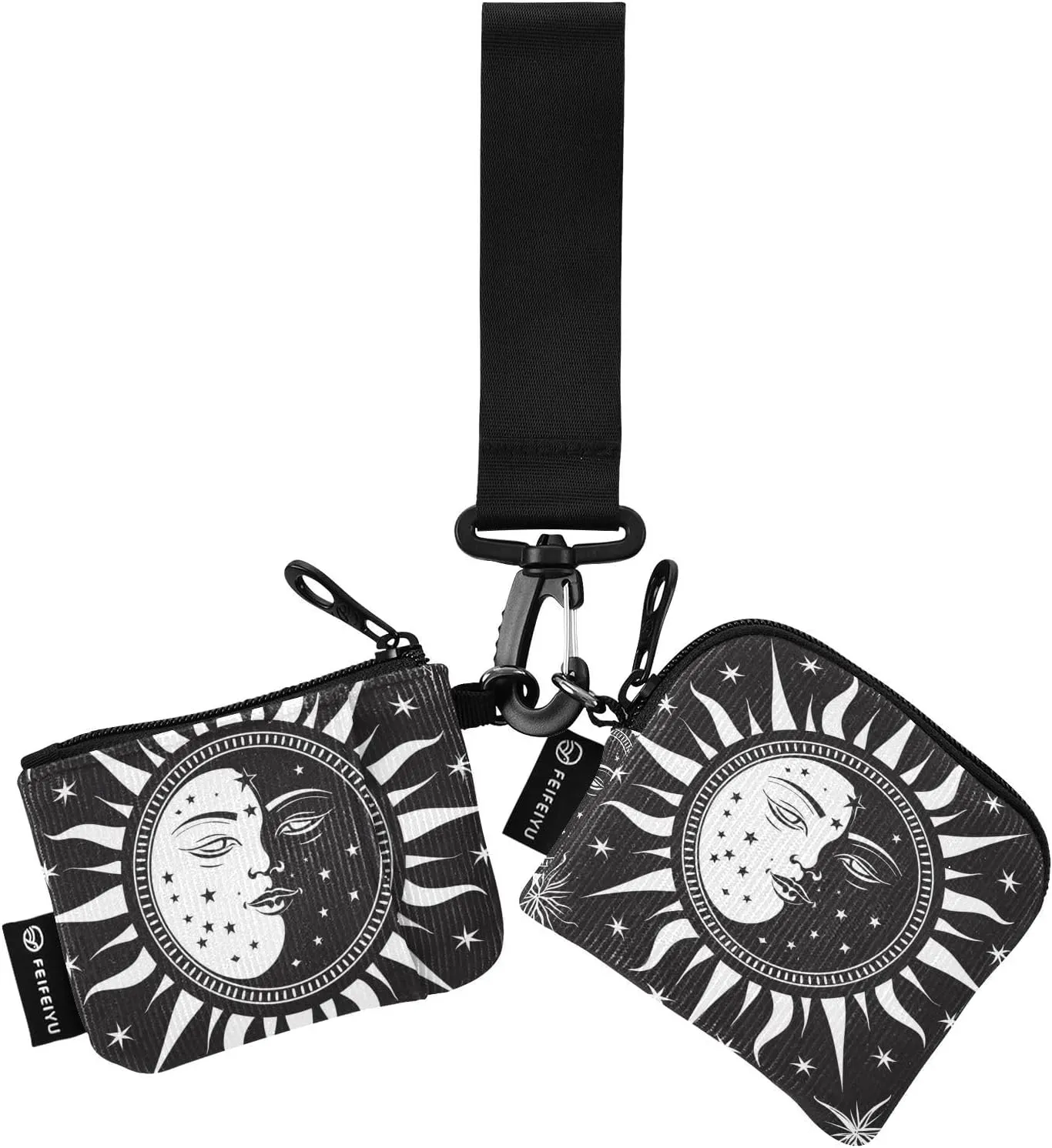 Mini Zip Around Wristlet keychain Wallet Black White Sun Face for Women Personalized Pattern Detachable Dual Pouch Wristlet Portable Wallet Phone Coin Purse