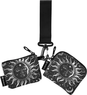 Mini Zip Around Wristlet keychain Wallet Black White Sun Faces for Women Personalized Pattern Detachable Dual Pouch Wristlet Portable Wallet Phone Coin Purse