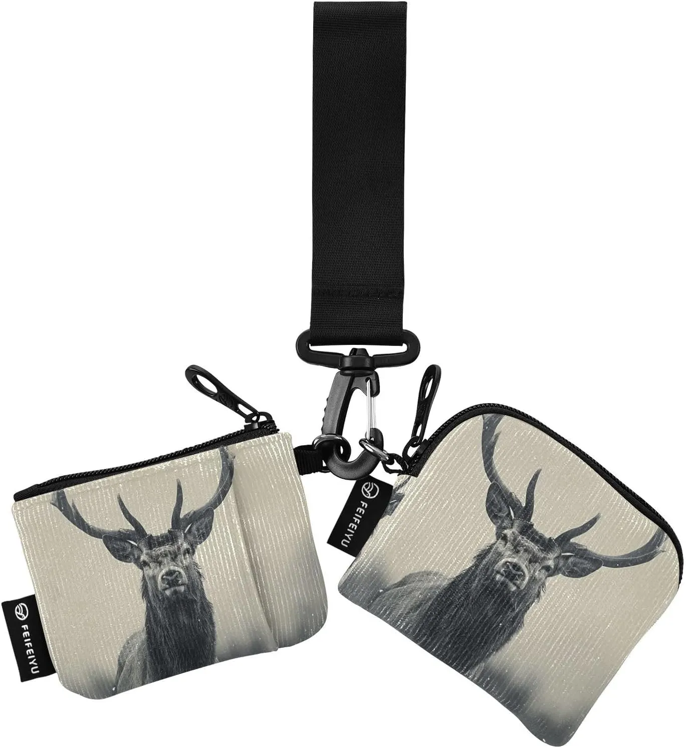 Mini Zip Around Wristlet keychain Wallet Deer Head Grey for Women Personalized Pattern Detachable Dual Pouch Wristlet Portable Wallet Phone Coin Purse
