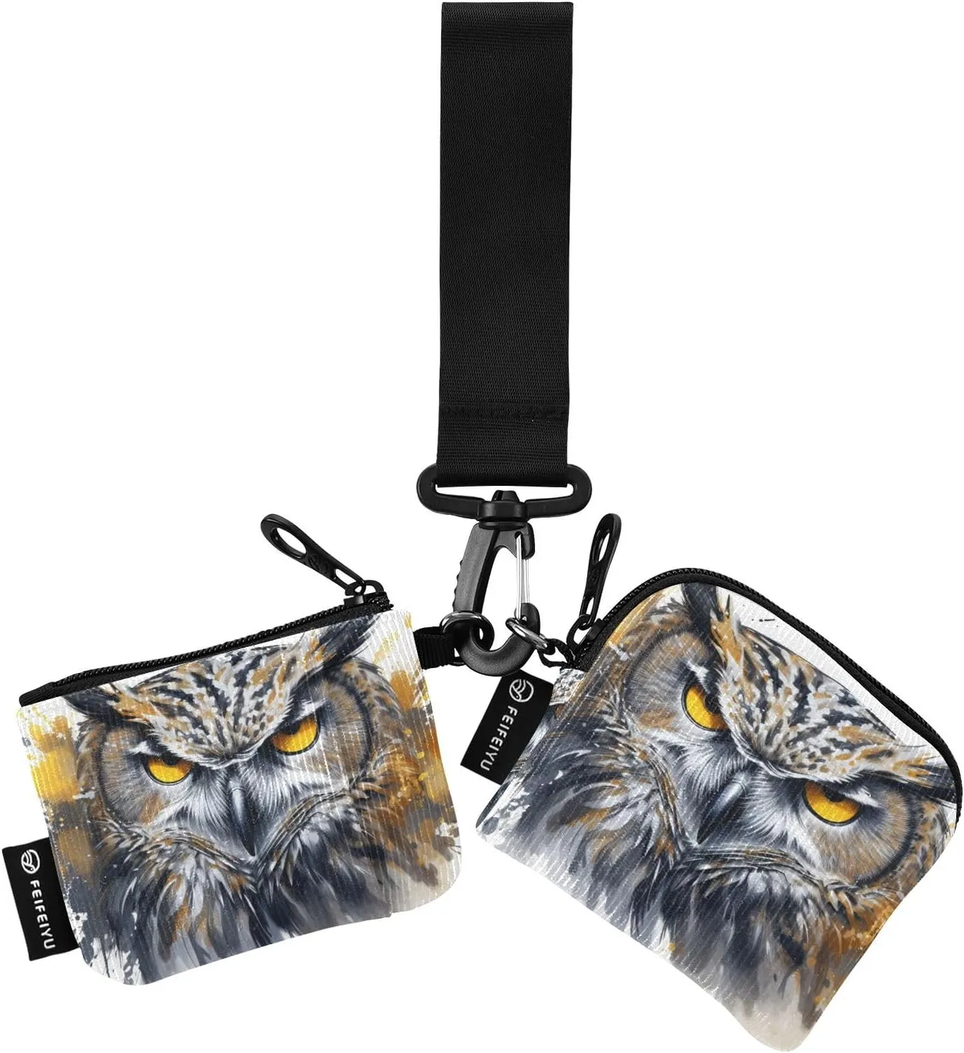 Mini Zip Around Wristlet keychain Wallet Watercolor Owl Head for Women Personalized Pattern Detachable Dual Pouch Wristlet Portable Wallet Phone Coin Purse