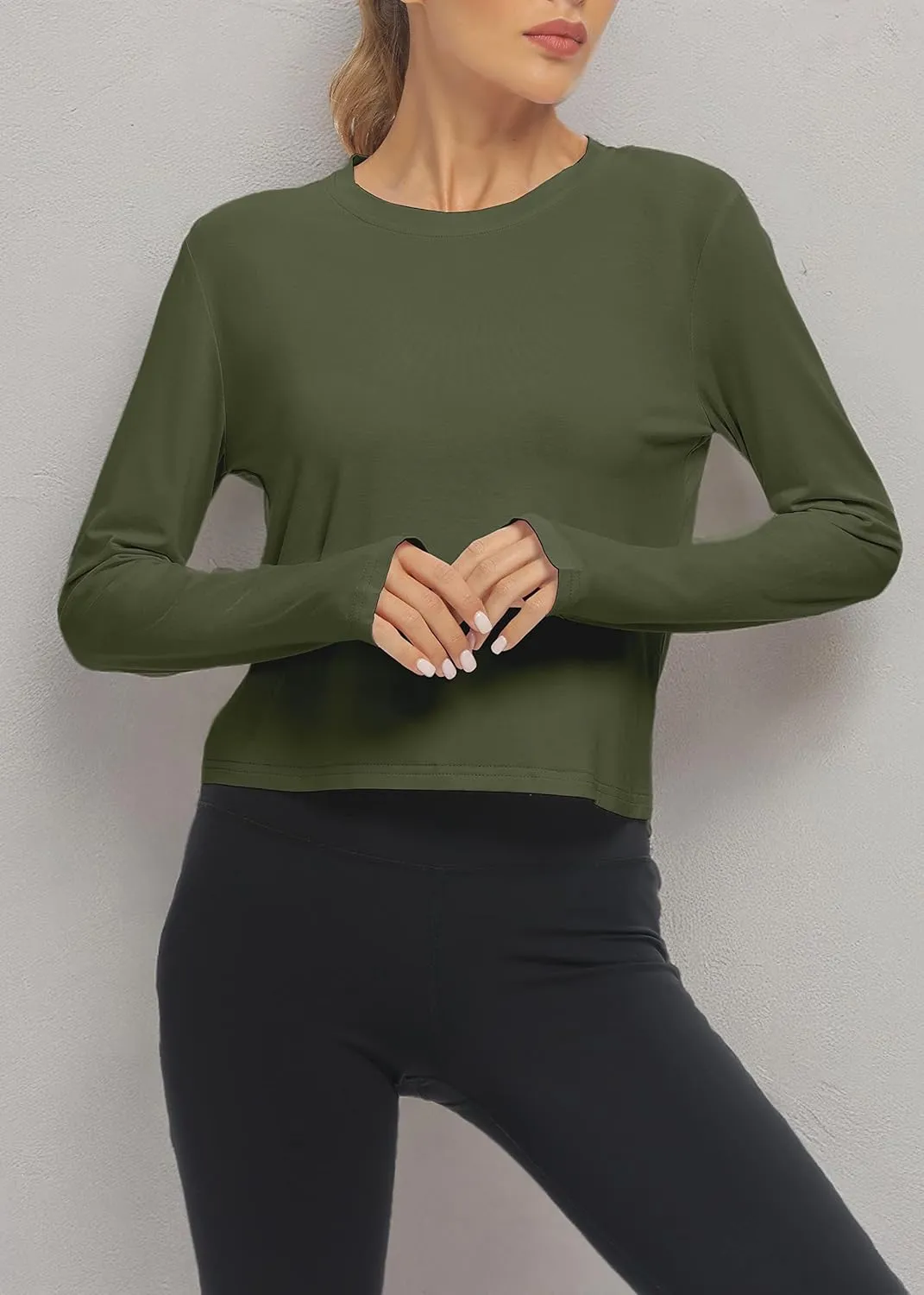 Mippo Long Sleeve Workout Tops Slightly Cropped Shirts for Women to Wear with Leggings