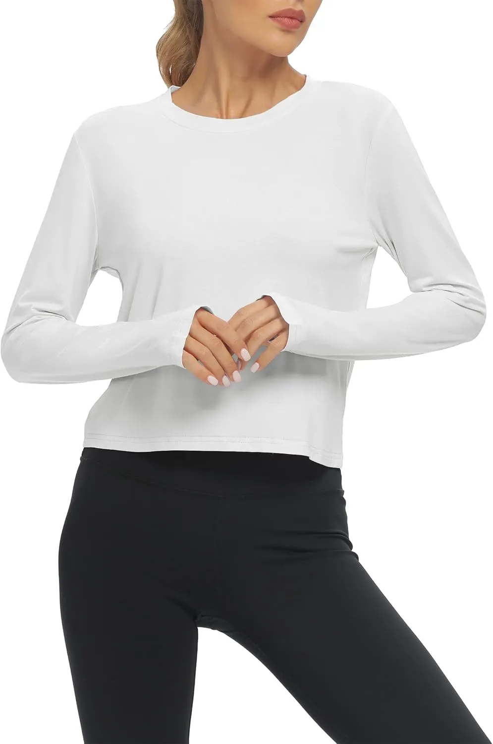 Mippo Long Sleeve Workout Tops Slightly Cropped Shirts for Women to Wear with Leggings
