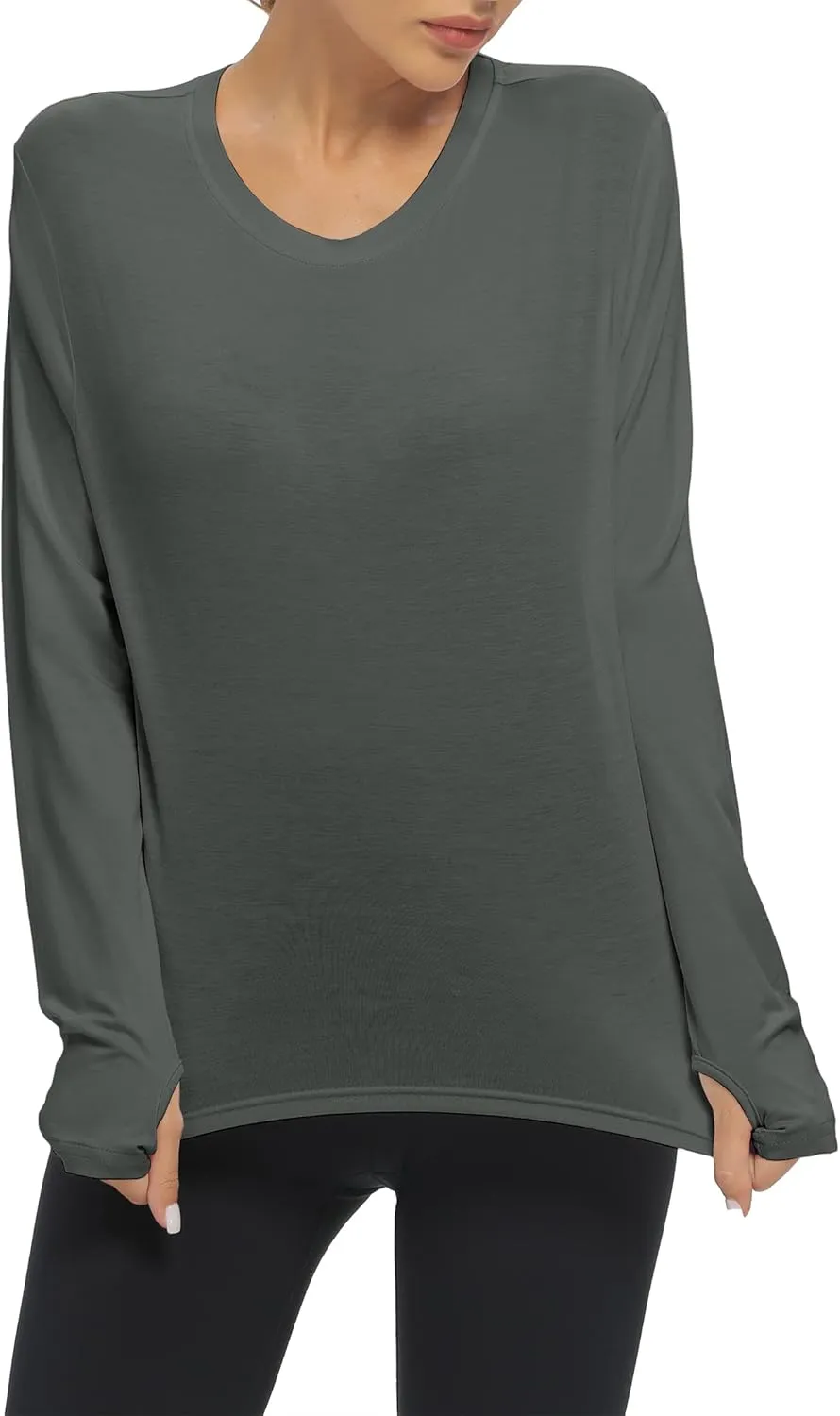 Mippo Long Sleeve Workout Tops Slightly Cropped Shirts for Women to Wear with Leggings
