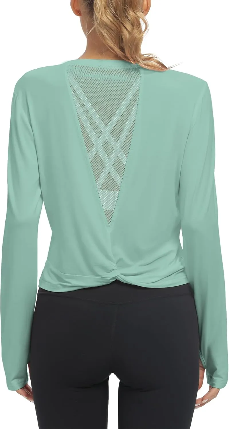 Mippo Long Sleeve Workout Tops Slightly Cropped Shirts for Women to Wear with Leggings
