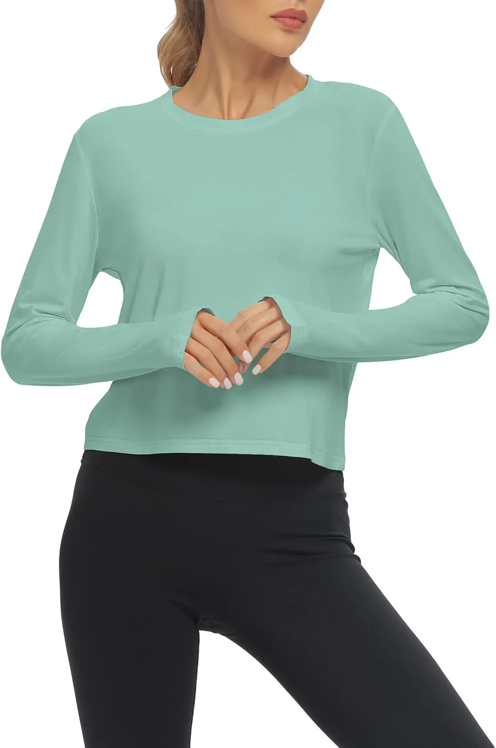 Mippo Long Sleeve Workout Tops Slightly Cropped Shirts for Women to Wear with Leggings