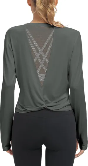 Mippo Long Sleeve Workout Tops Slightly Cropped Shirts for Women to Wear with Leggings