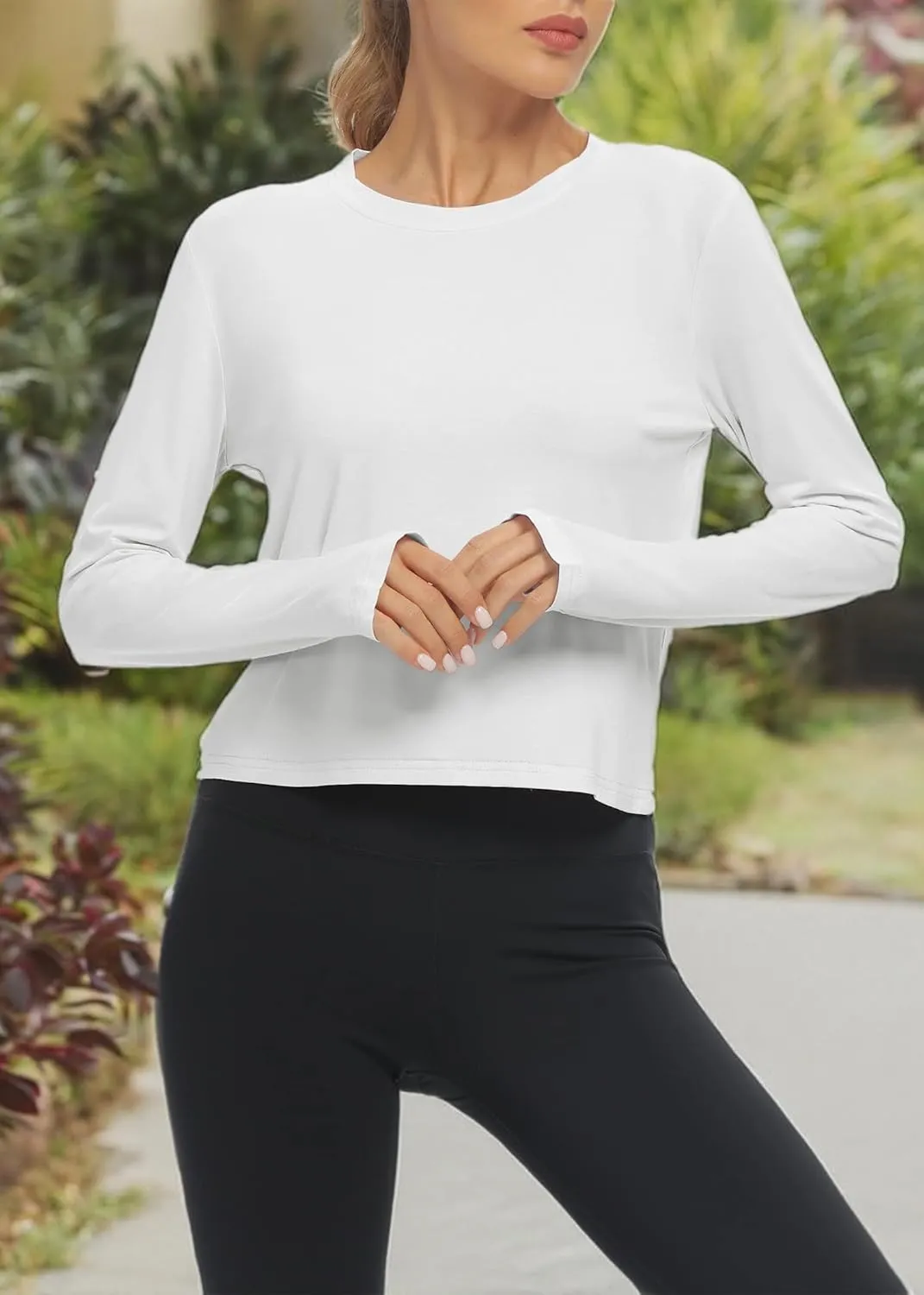 Mippo Long Sleeve Workout Tops Slightly Cropped Shirts for Women to Wear with Leggings