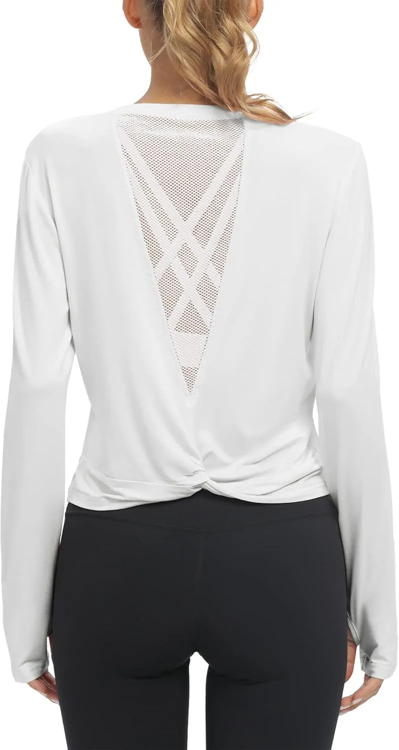 Mippo Long Sleeve Workout Tops Slightly Cropped Shirts for Women to Wear with Leggings