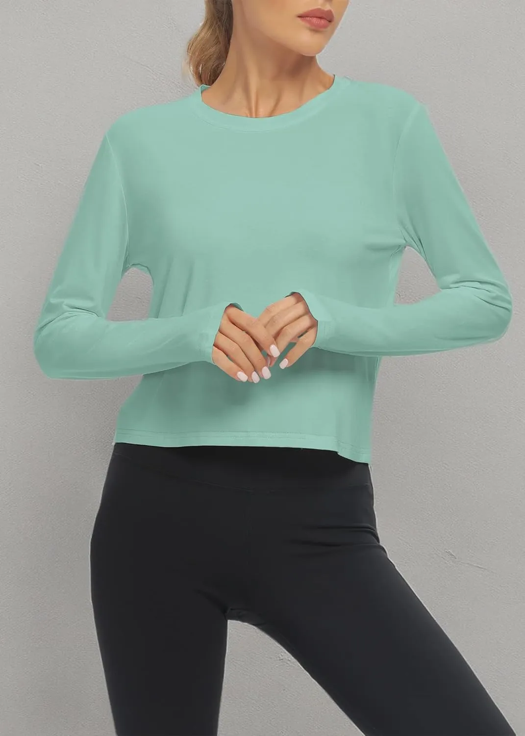 Mippo Long Sleeve Workout Tops Slightly Cropped Shirts for Women to Wear with Leggings