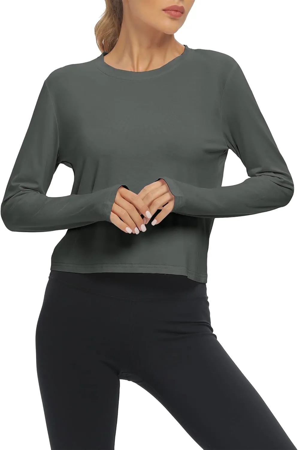 Mippo Long Sleeve Workout Tops Slightly Cropped Shirts for Women to Wear with Leggings