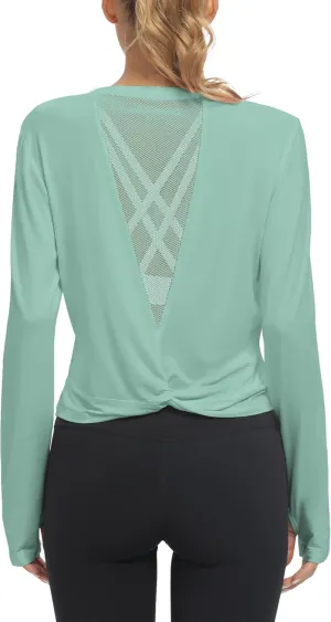 Mippo Long Sleeve Workout Tops Slightly Cropped Shirts for Women to Wear with Leggings