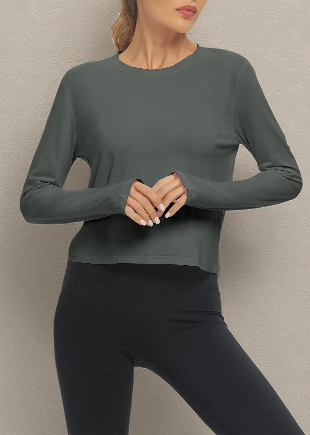 Mippo Long Sleeve Workout Tops Slightly Cropped Shirts for Women to Wear with Leggings