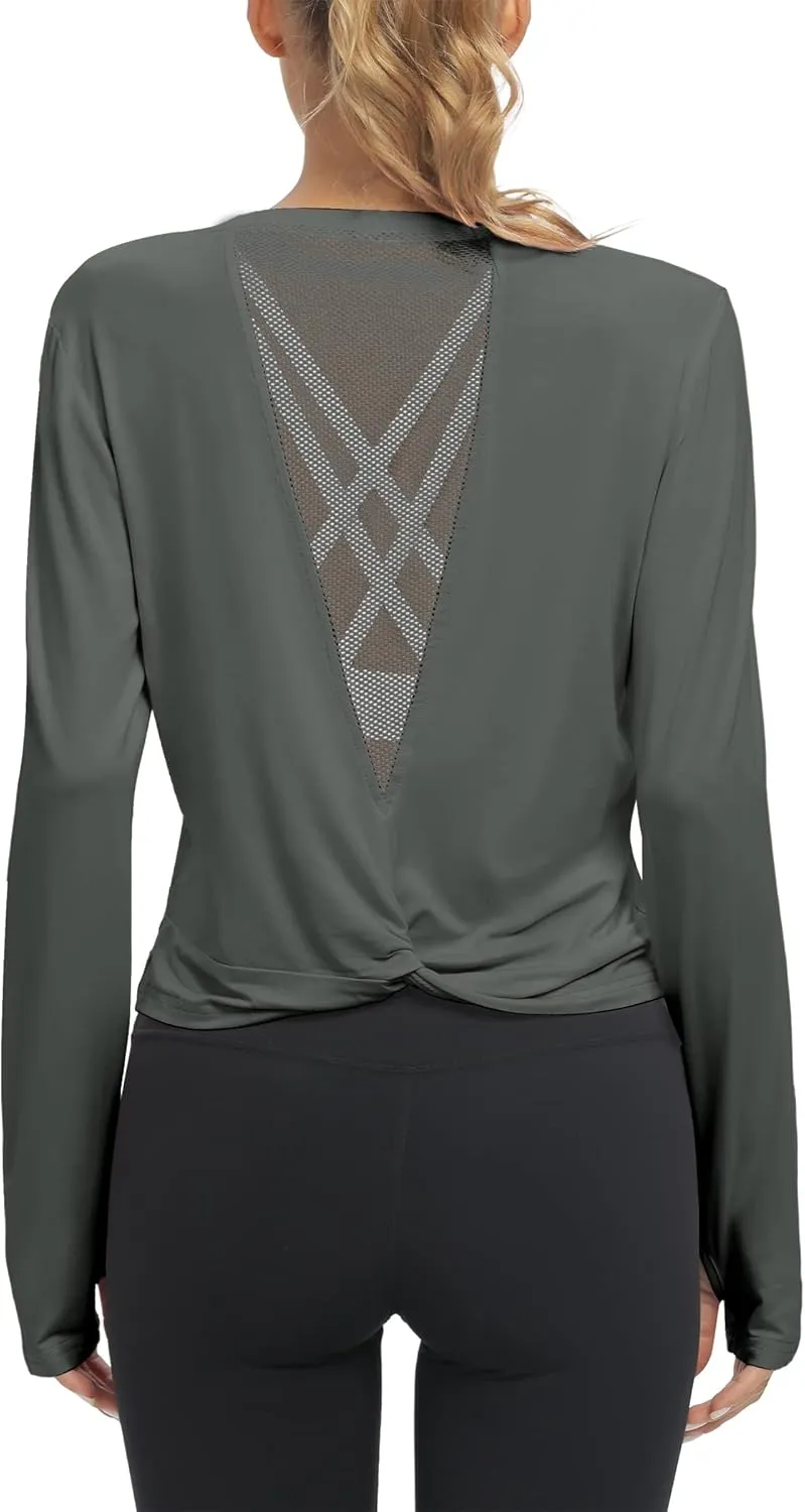 Mippo Long Sleeve Workout Tops Slightly Cropped Shirts for Women to Wear with Leggings