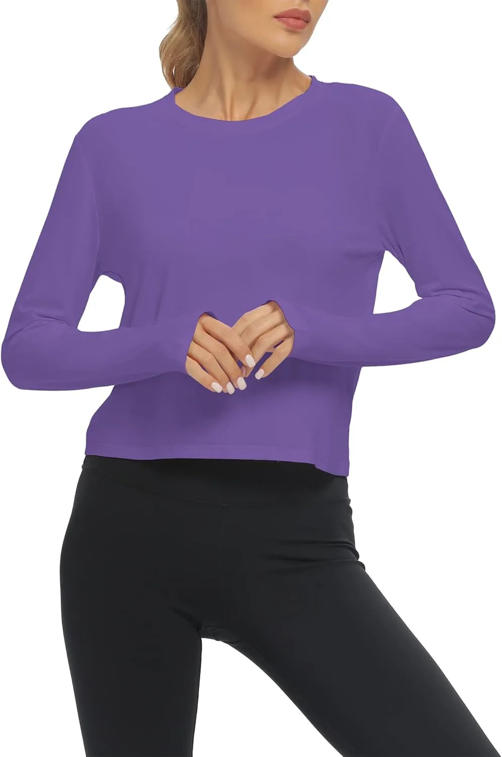 Mippo Long Sleeve Workout Tops Slightly Cropped Shirts for Women to Wear with Leggings