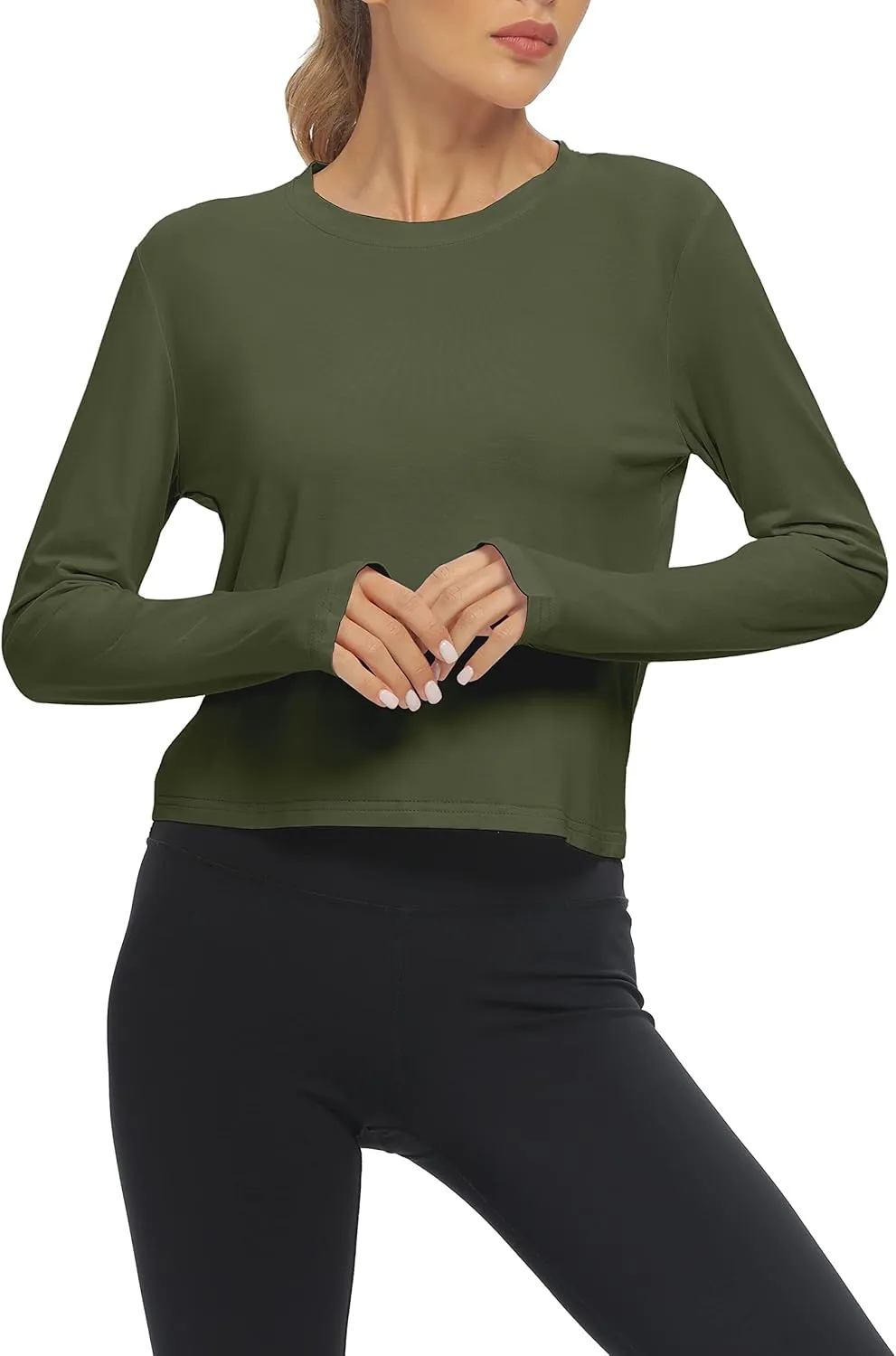 Mippo Long Sleeve Workout Tops Slightly Cropped Shirts for Women to Wear with Leggings