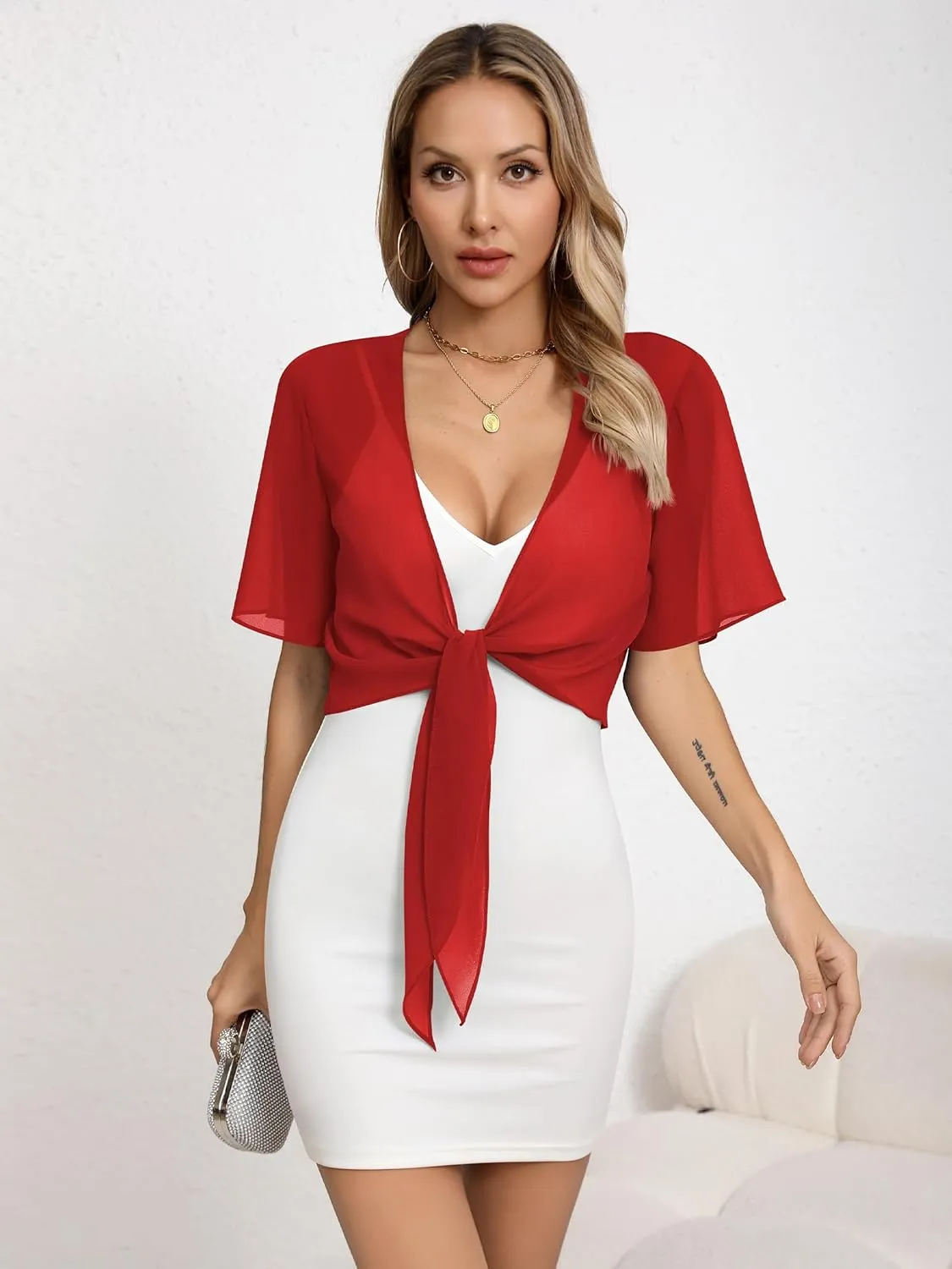 Missufe Women's Short Sleeve Tie Front Cropped Cardigan Summer Lightweight Chiffon Bolero Shrug