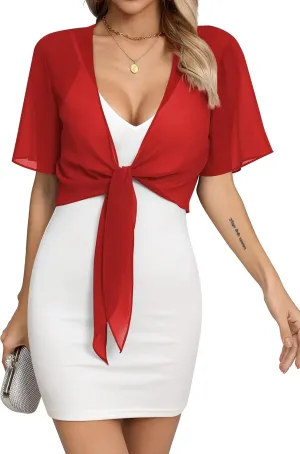 Missufe Women's Short Sleeve Tie Front Cropped Cardigan Summer Lightweight Chiffon Bolero Shrug