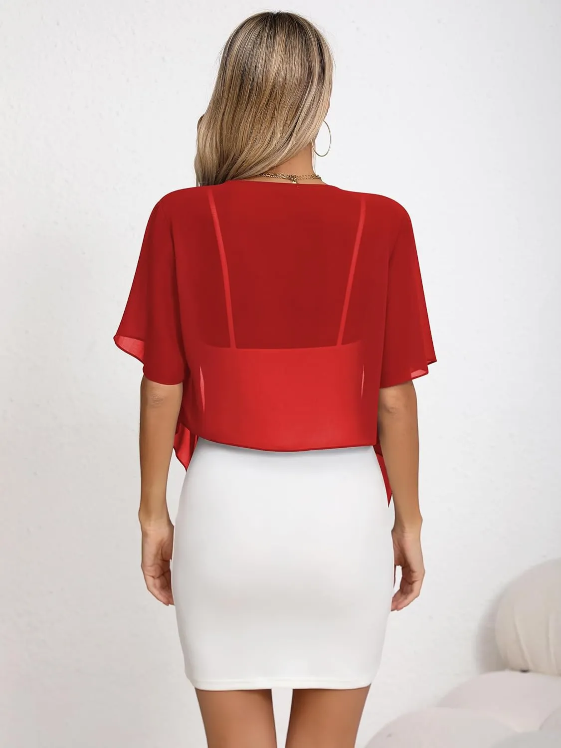 Missufe Women's Short Sleeve Tie Front Cropped Cardigan Summer Lightweight Chiffon Bolero Shrug