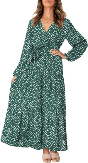 MITILLY Women's Boho Leopard Print Ruffle Long Sleeve V Neck Casual Flowy Party Maxi Dress