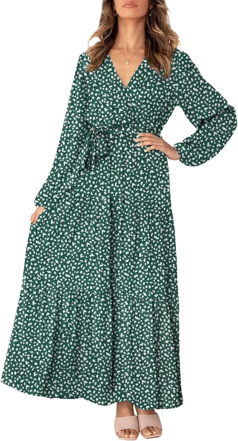 MITILLY Women's Boho Leopard Print Ruffle Long Sleeve V Neck Casual Flowy Party Maxi Dress