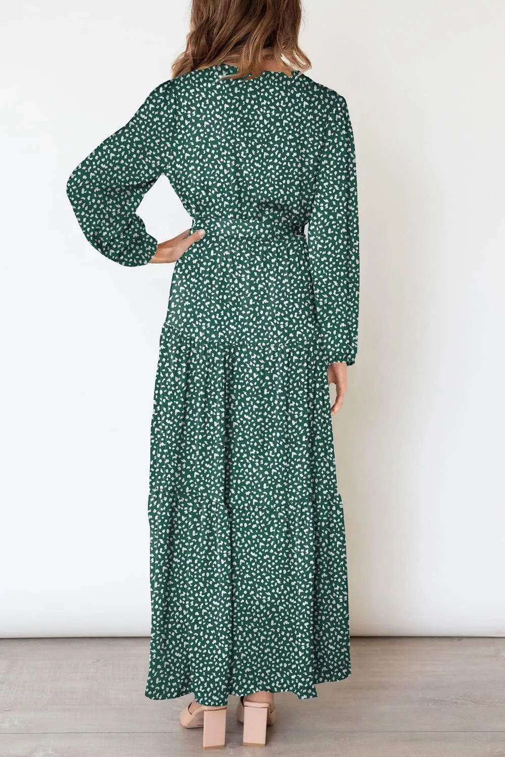 MITILLY Women's Boho Leopard Print Ruffle Long Sleeve V Neck Casual Flowy Party Maxi Dress