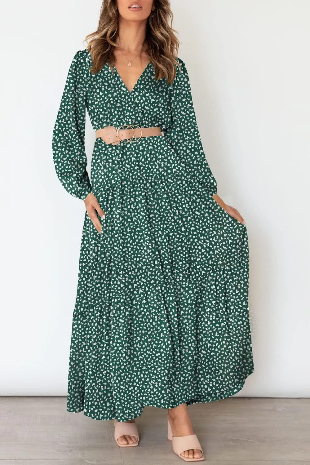 MITILLY Women's Boho Leopard Print Ruffle Long Sleeve V Neck Casual Flowy Party Maxi Dress