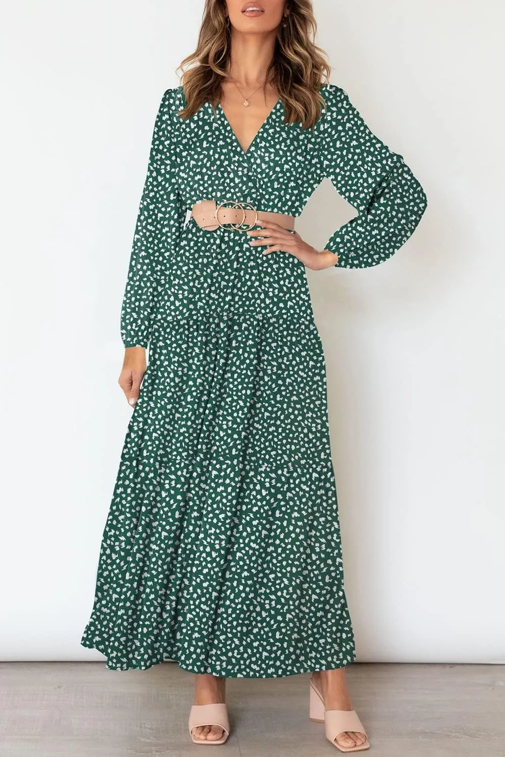 MITILLY Women's Boho Leopard Print Ruffle Long Sleeve V Neck Casual Flowy Party Maxi Dress