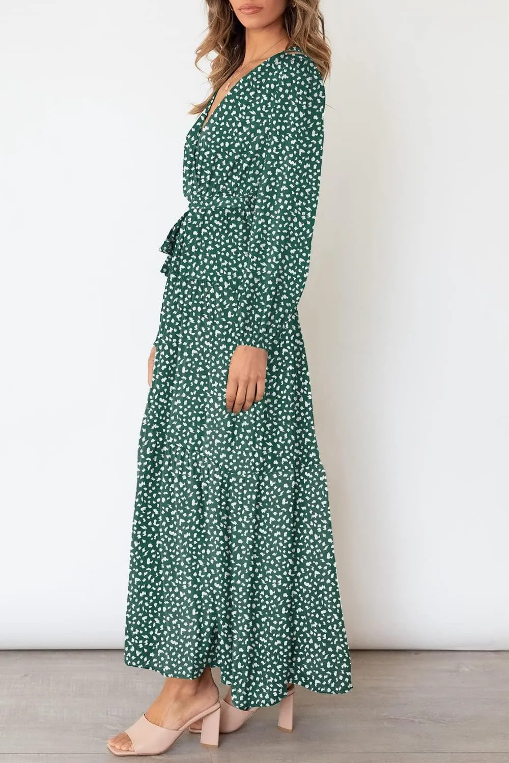 MITILLY Women's Boho Leopard Print Ruffle Long Sleeve V Neck Casual Flowy Party Maxi Dress