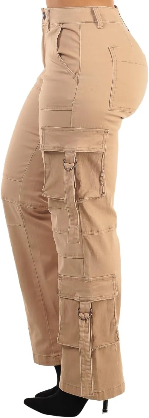 Moda Xpress Womens Juniors High Waisted Butt Lifting Stretch Relaxed Fit Straight Wide Leg Cargo Jeans