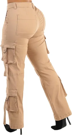 Moda Xpress Womens Juniors High Waisted Butt Lifting Stretch Relaxed Fit Straight Wide Leg Cargo Jeans