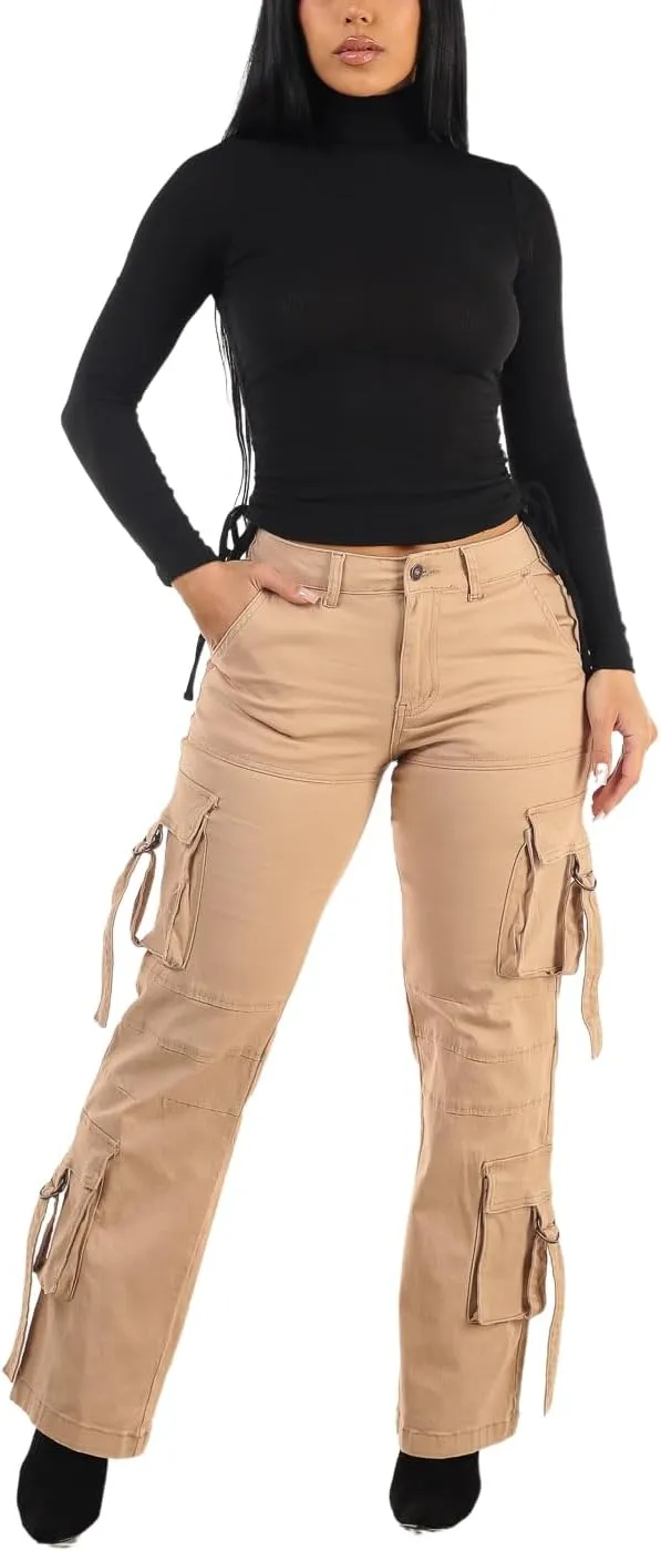 Moda Xpress Womens Juniors High Waisted Butt Lifting Stretch Relaxed Fit Straight Wide Leg Cargo Jeans