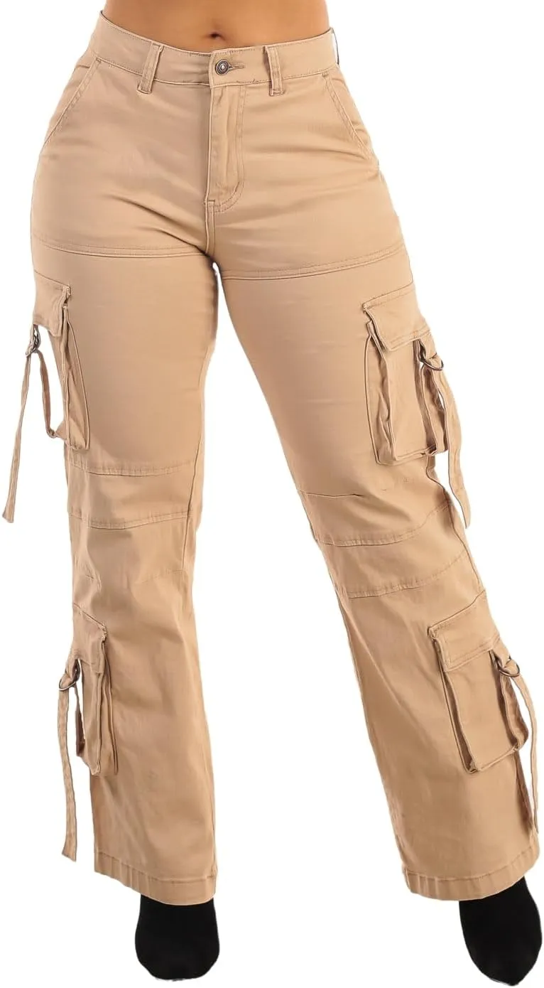 Moda Xpress Womens Juniors High Waisted Butt Lifting Stretch Relaxed Fit Straight Wide Leg Cargo Jeans