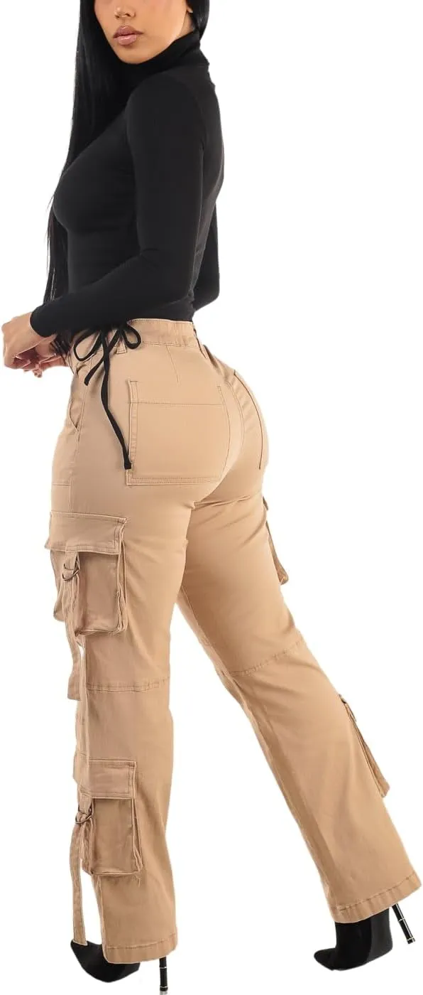 Moda Xpress Womens Juniors High Waisted Butt Lifting Stretch Relaxed Fit Straight Wide Leg Cargo Jeans