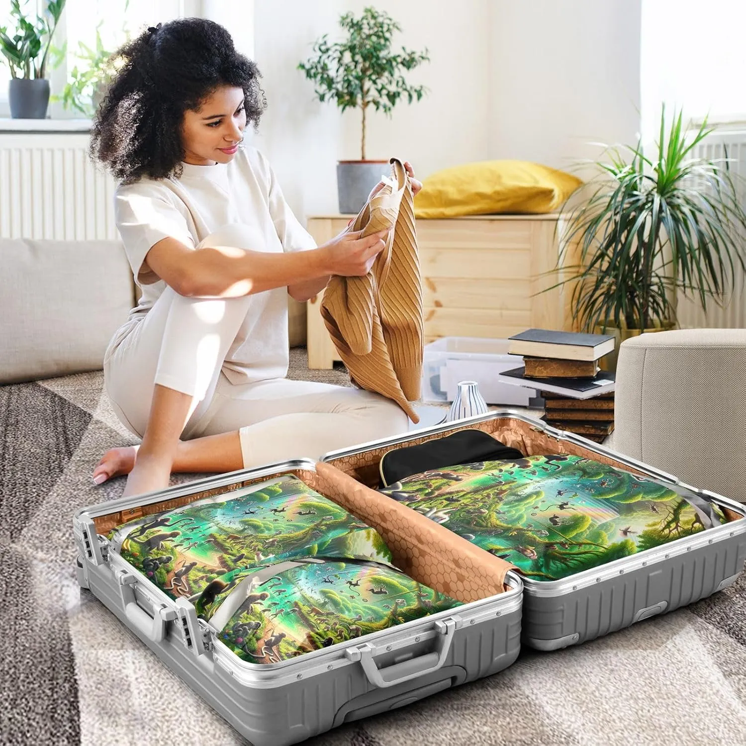 Monkey World Green Travel Packing Bags Collapsible Packing Cubes Travel Bags Organizer for Luggage