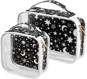Moons-stars-black-white 2 Pieces Clear Makeup Cosmetic Bags for Traveling Vacation Organizing, Toiletry Bags for Women Men, PVC Waterproof Travel Organizer